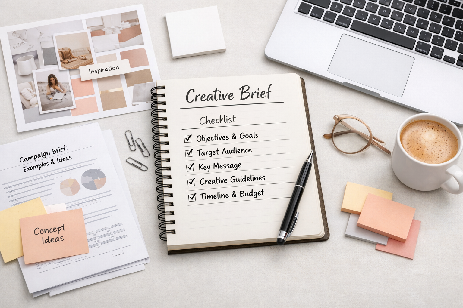 Lista de verificación breve y creativa en un escritorio con cuaderno, portátil y materiales de planificación de campañas.