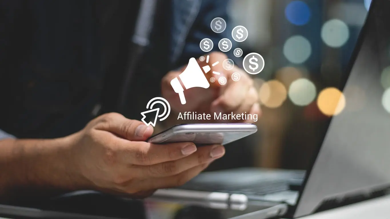 Marketing d’affiliation, concept de modèle d’affaires en ligne. Créer une stratégie de relations entre les marchands, les affiliés et les clients. Généré des revenus en récompensant les affiliés pour avoir référé des clients.