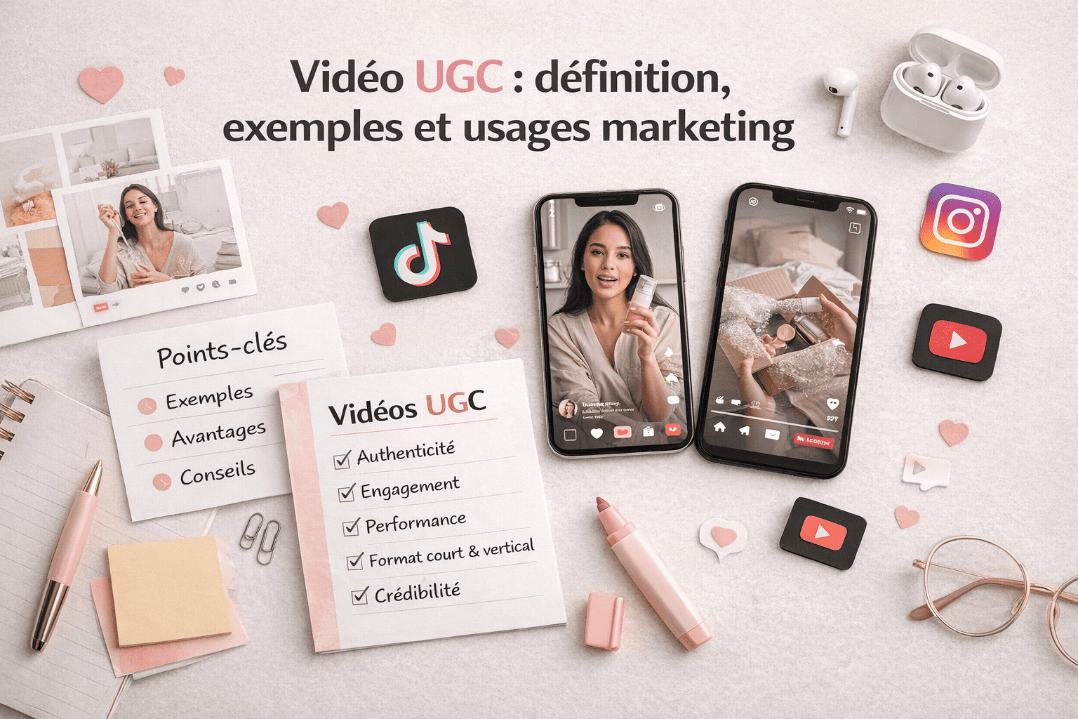 Illustration de la vidéo UGC en marketing avec contenus vidéo sur smartphone, checklist et plateformes sociales.