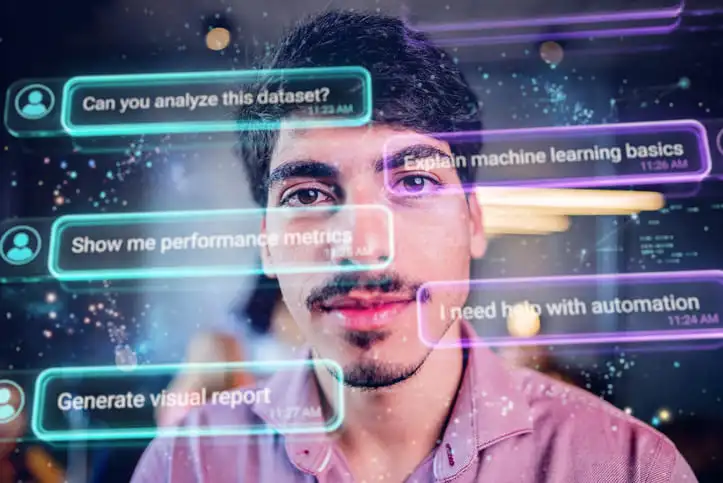 Ein Mann interagiert mit einer futuristischen Augmented-Reality-KI-Schnittstelle