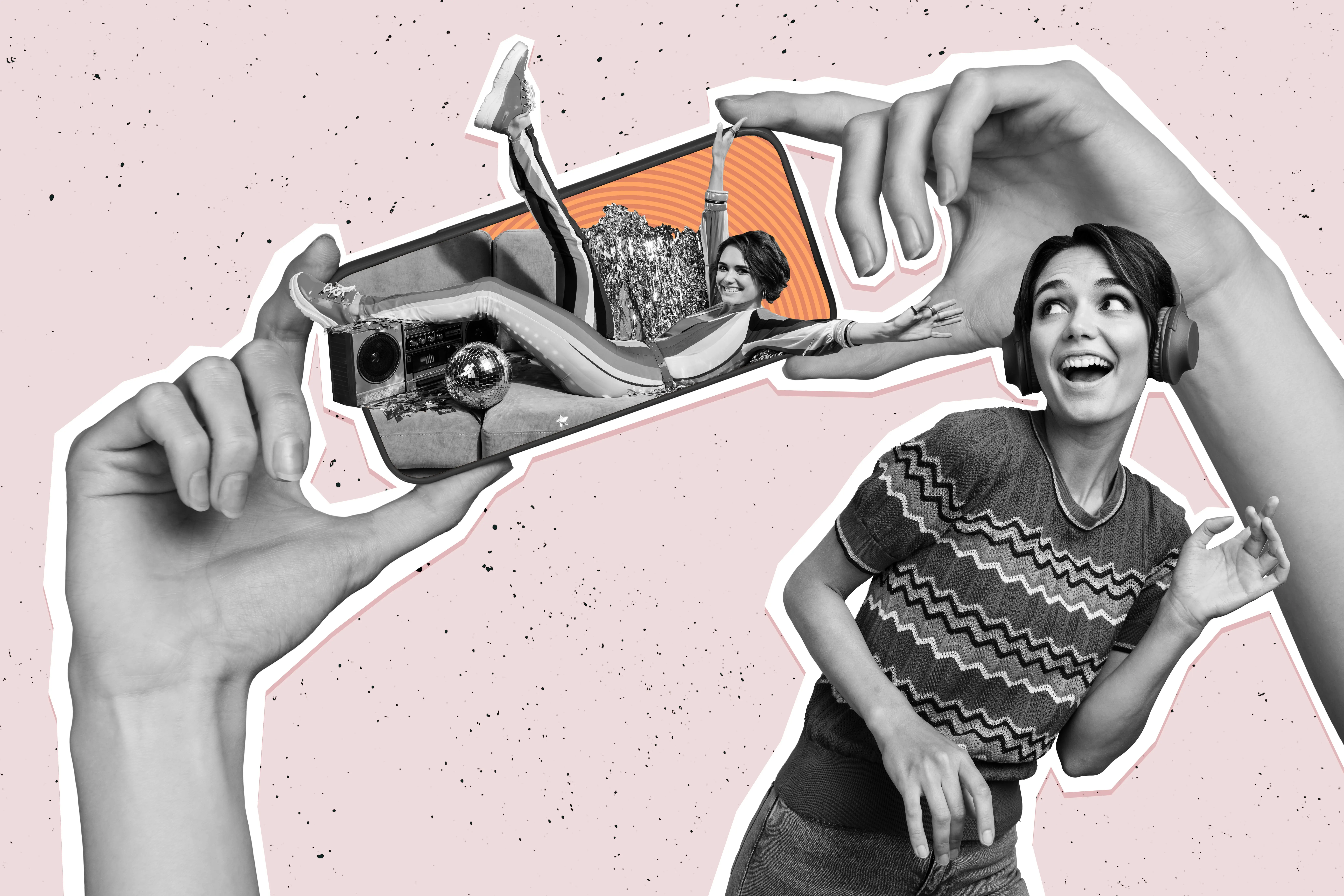 Collage de fotos compuesto de una chica feliz con auriculares escuchando música, sosteniendo un iPhone con la mano y tomándose una selfie, aislado sobre un fondo pintado