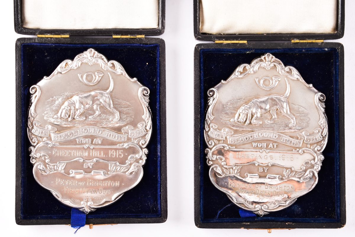 Two Bloodhound Hunt Club silver award plaques in fitted cases, won in 1915 by Peter and Gentle of Brighton
