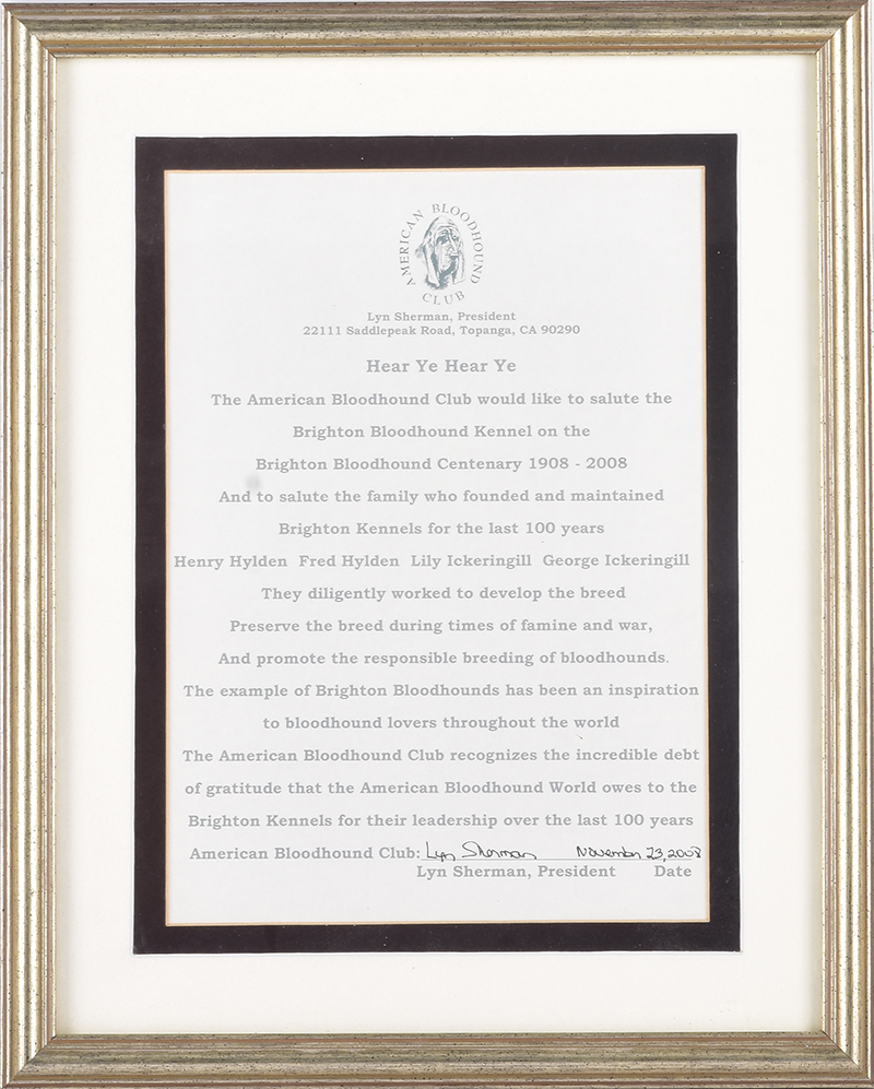 Signed testimonial presented by the American Bloodhound Club in 2008 marking the kennel's centenary