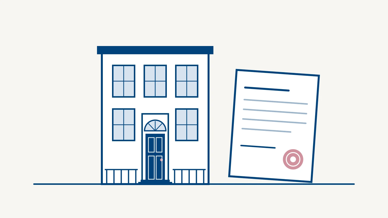 Illustration of a Georgian townhouse and a probate valuation report with wax seal, in Aubreys navy and rose