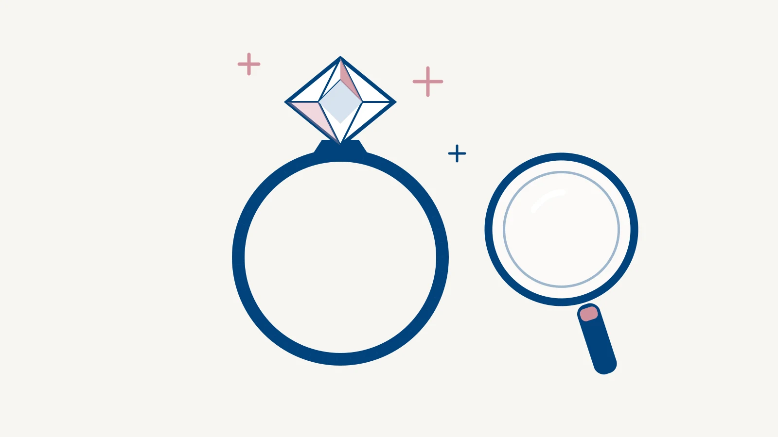 Illustration of a diamond solitaire ring under a jeweller's loupe, in Aubreys navy and rose