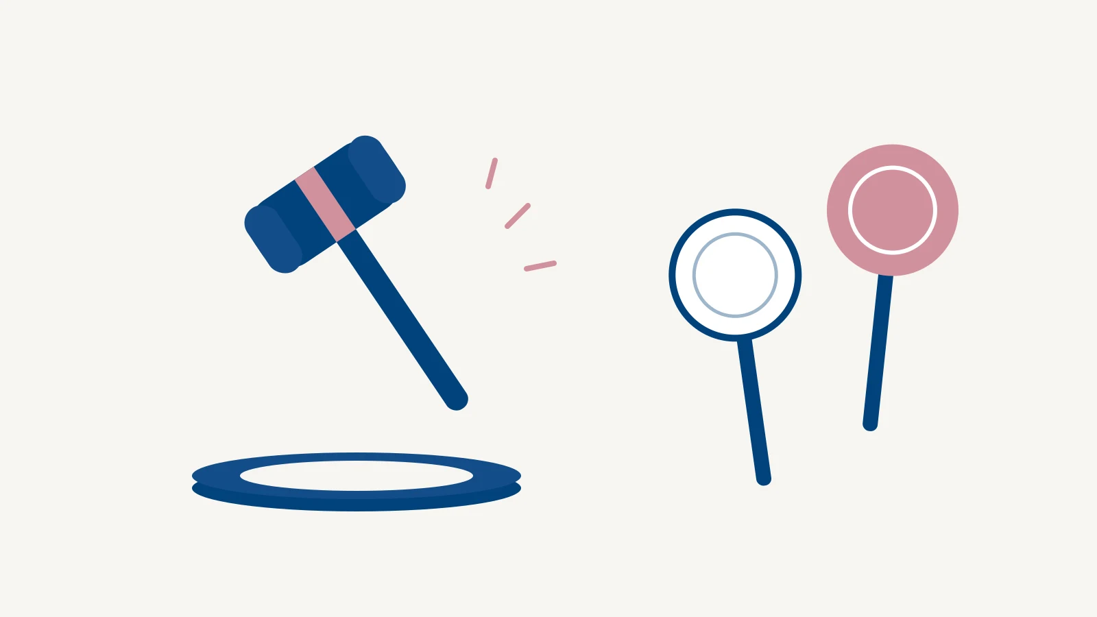 Illustration of an auctioneer's gavel and rising bid paddles, in Aubreys navy and rose