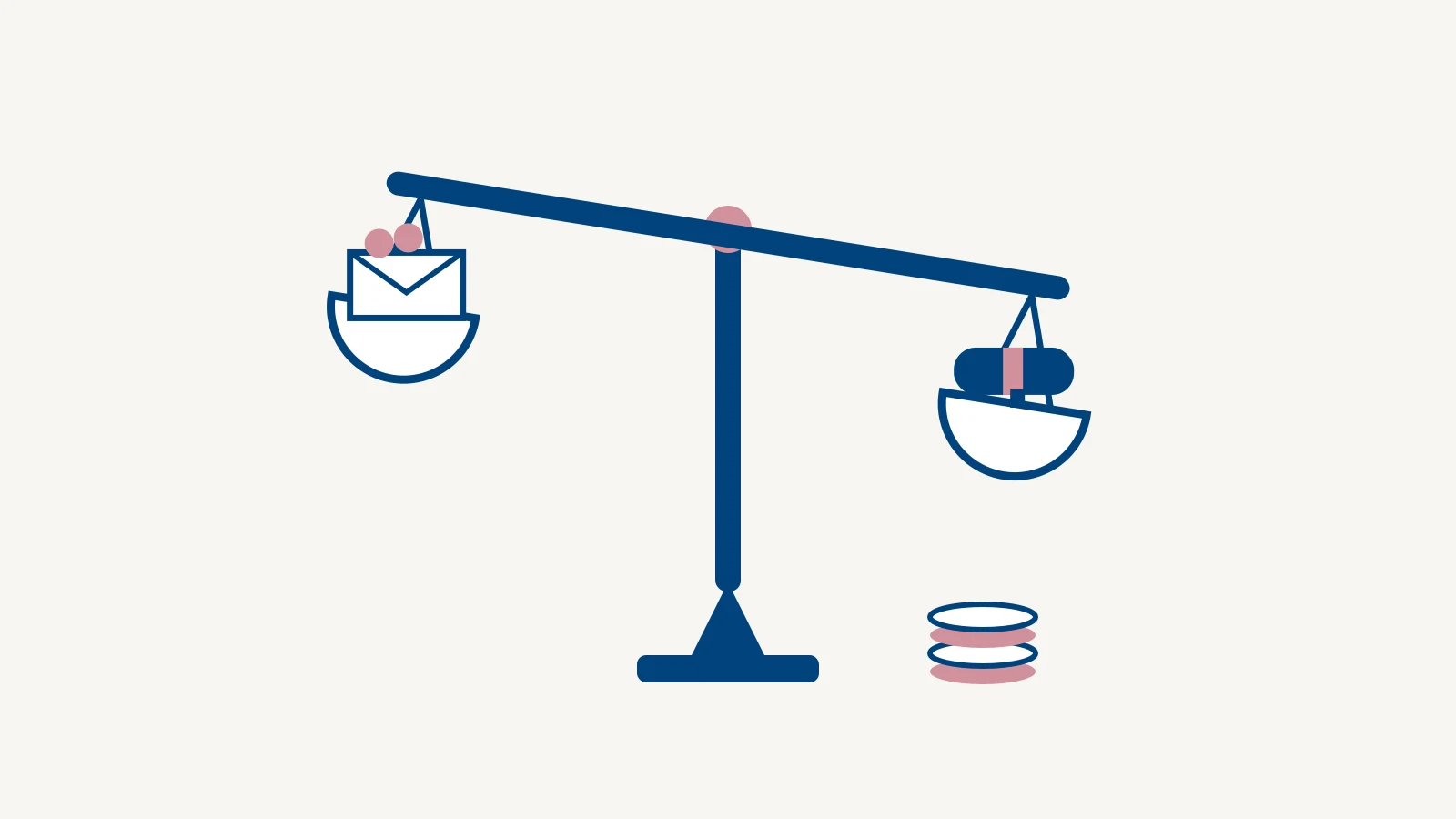 Illustration of a balance scale weighing a postal envelope of gold coins against an auctioneer's gavel, in Aubreys navy and rose
