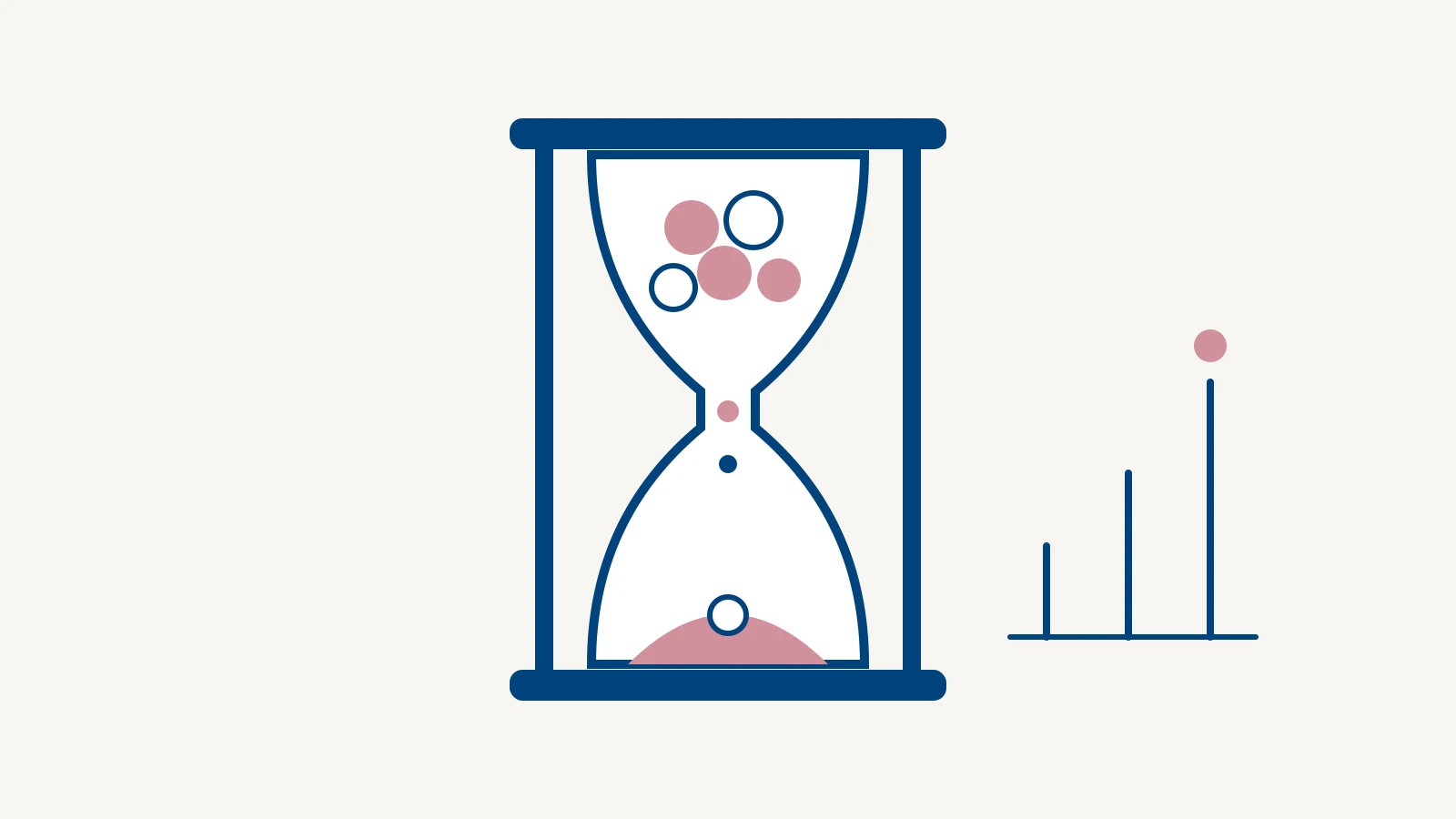 Illustration of an hourglass with coins running through it beside rising markers, in Aubreys navy and rose