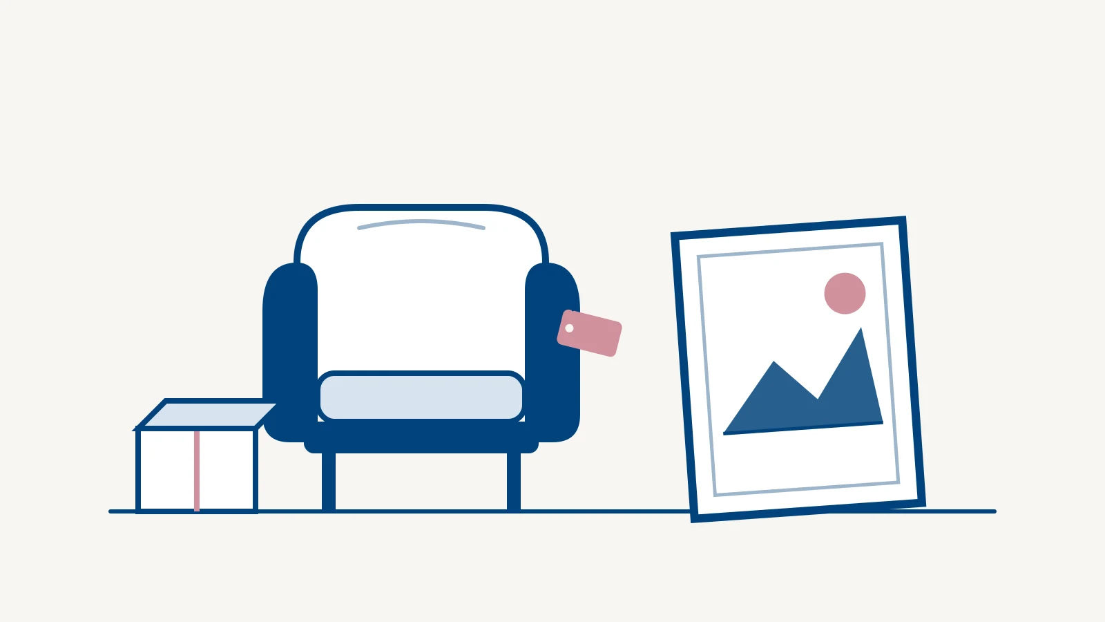 Illustration of an armchair with an auction tag, a framed painting and a packing box, in Aubreys navy and rose