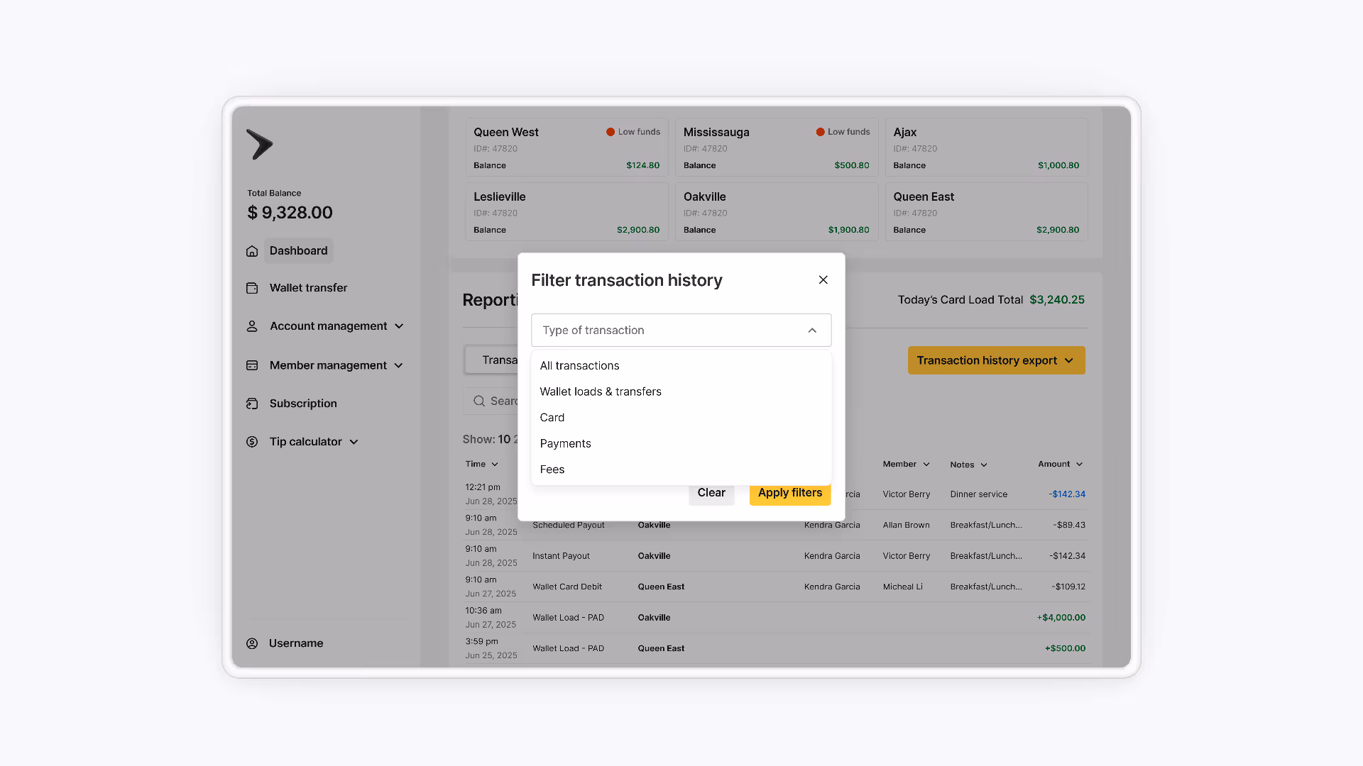Digital wallet dashboard showing total balance, account lists, transaction history filter menu with options, and recent transactions table with amounts.