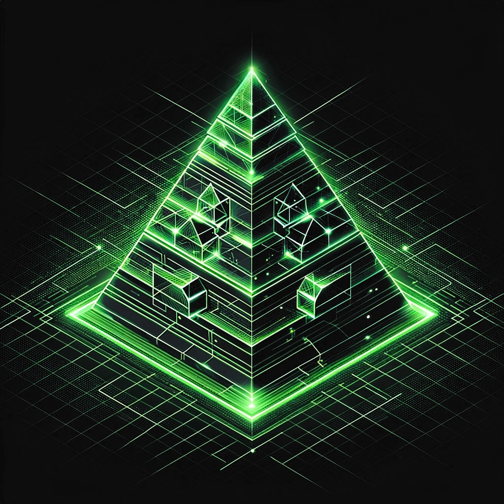 representation of a pyramid that has evolved from wireframe to more intricate with light pulses emanating from it, even more advanced than the second one