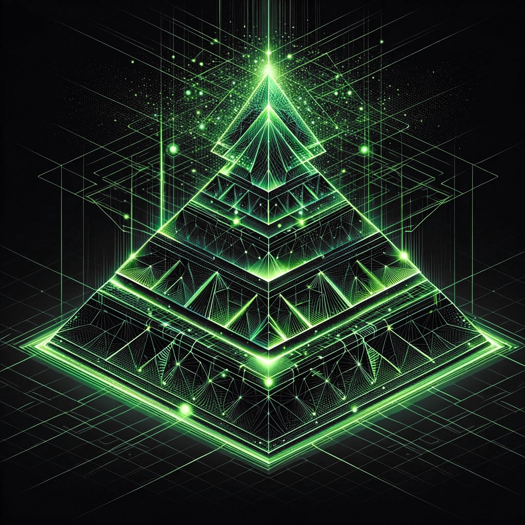 this 4 representation of a pyramid has data flowing in and out of it, with a light pulse shooting in the sky. this is one very advanced pyramid representation.