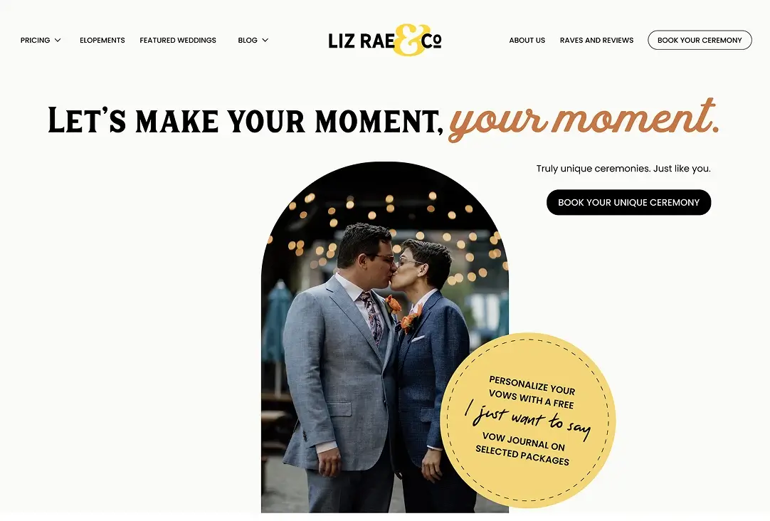 Hero section preview of a website for a wedding officiating business LizRae & Co