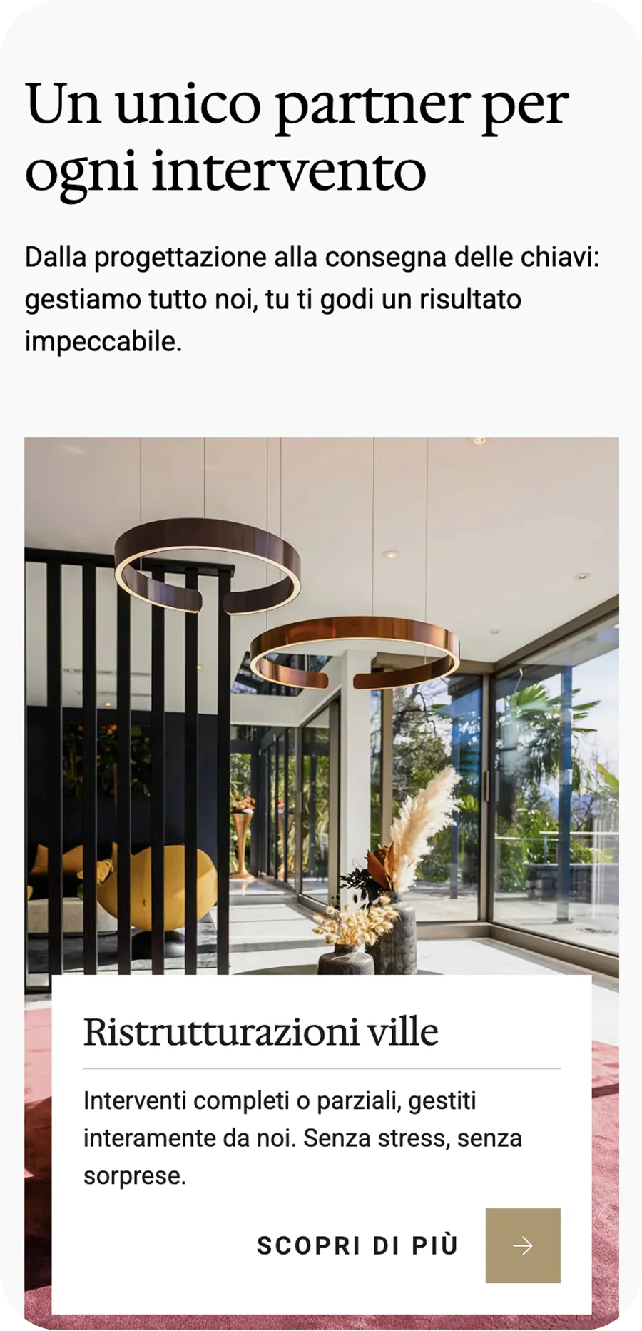 A mobile mockup of the Services section of the luxury villa renovation website's Homepage