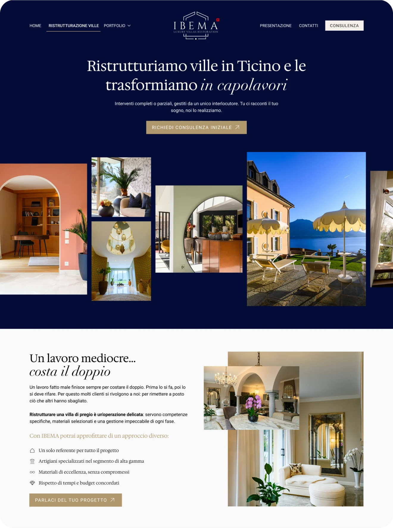 A mockup of the intro sections of the luxury villa renovation website