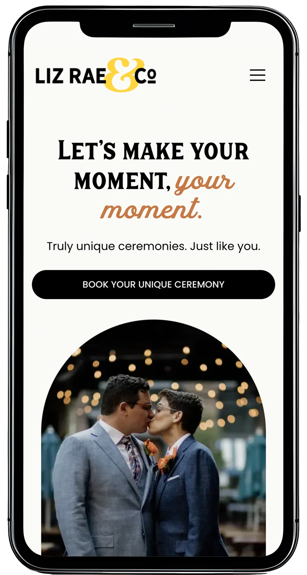 A mobile mockup of LizRae & Co, wedding officiant, website's Hero section
