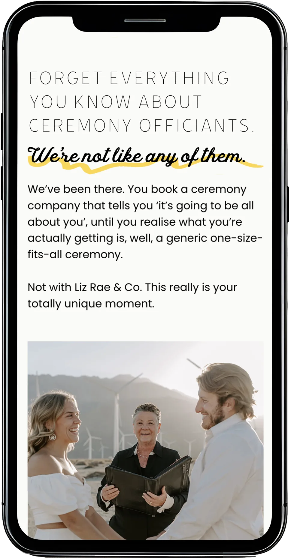 A mobile mockup of LizRae & Co, wedding officiant, website's Intro section