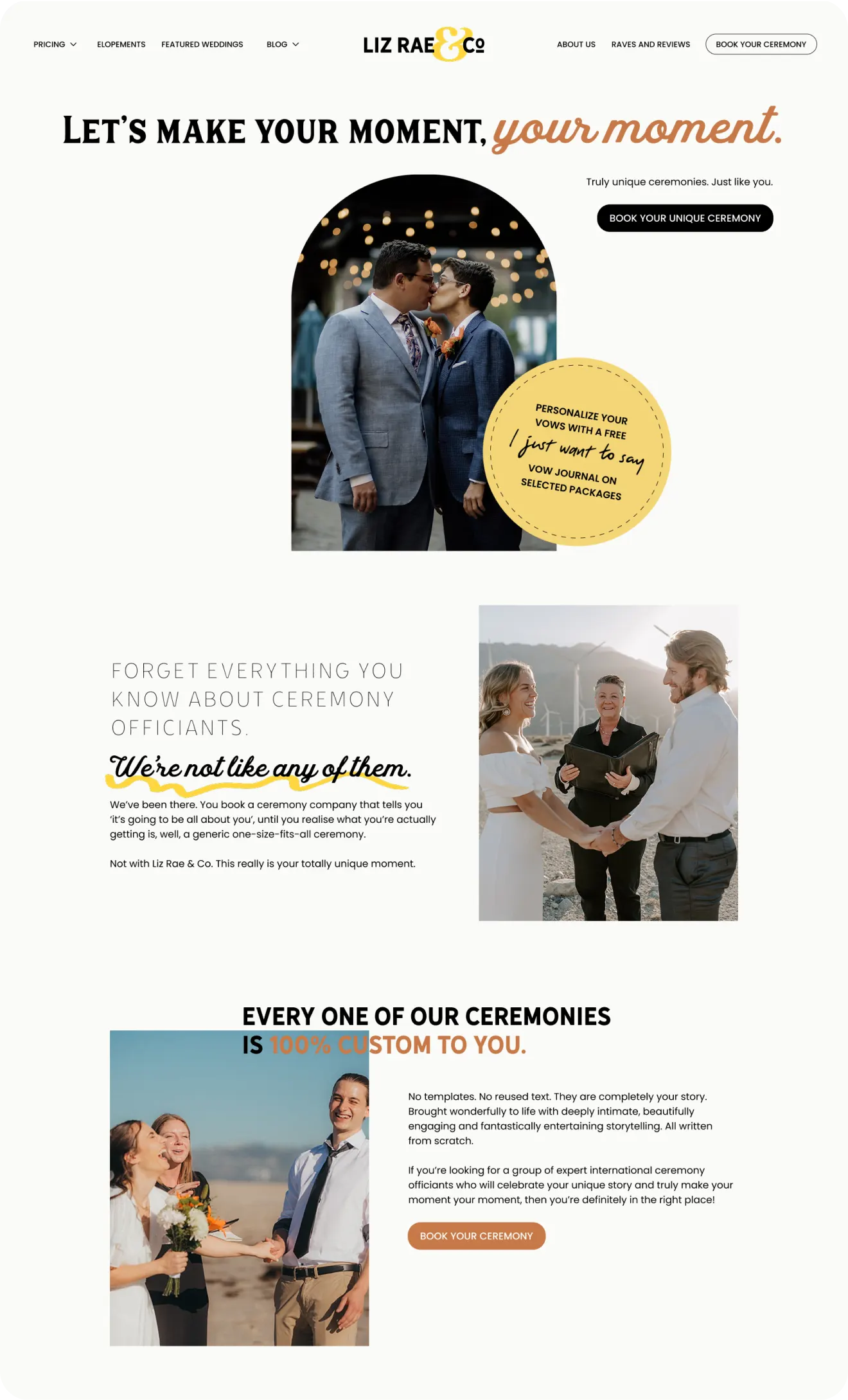 A mockup of LizRae & Co, wedding officiant, website