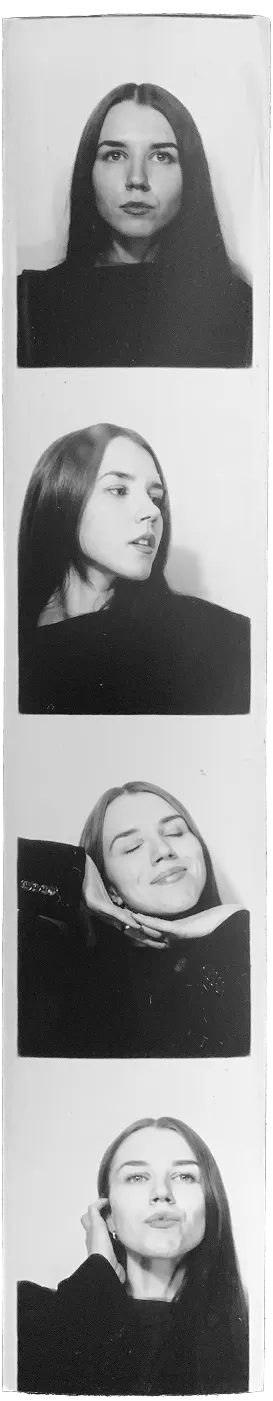 A photobooth strip portrait of Alina Drozdenko, freelance web designer and Webflow developer