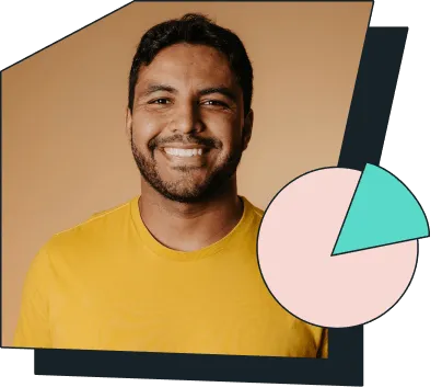 An image of a man, smiling and a pie graph.
