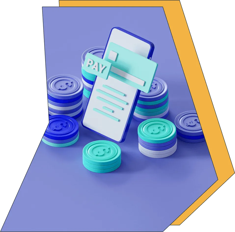 A 3D image of a financial app and coins. 