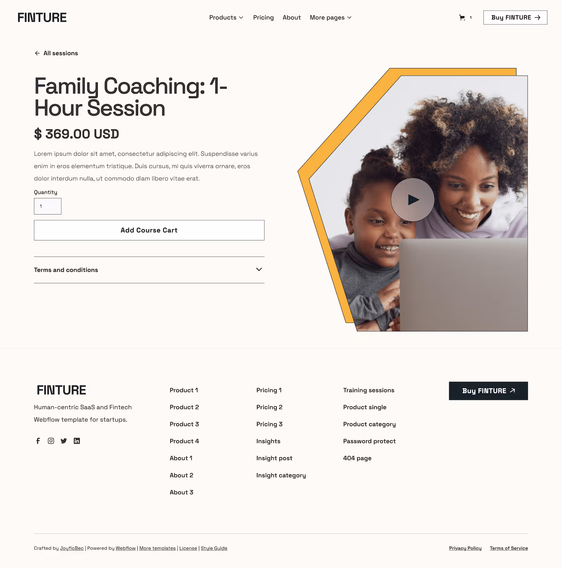 A webpage from the Finture Webflow template.