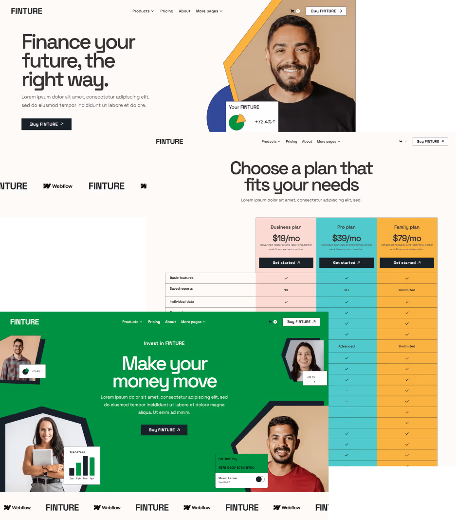 A few sections of the Finture Webflow template.