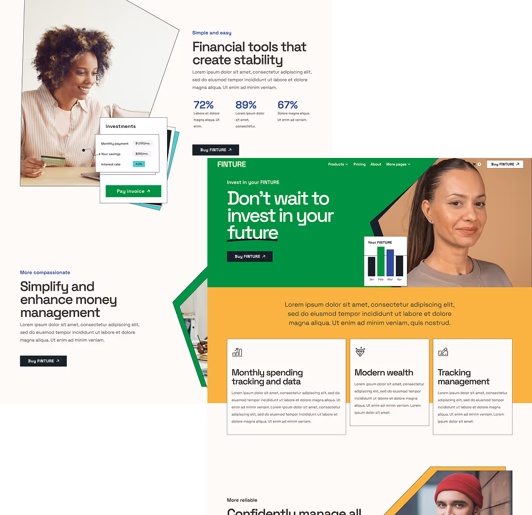 A few pages of the Finture Webflow template.