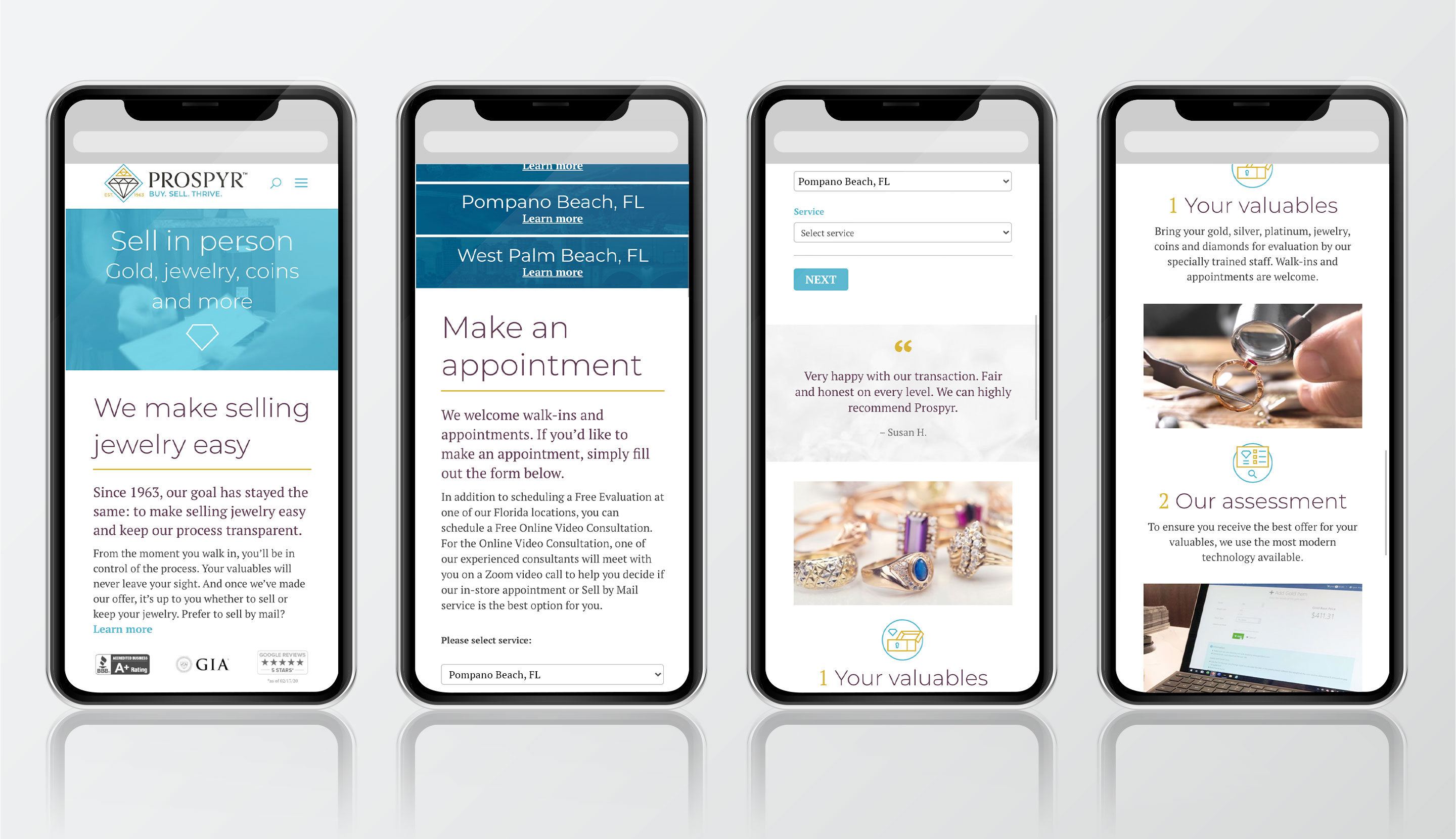 Website design mobile phone views showing a mail-in and appointment scheduling system