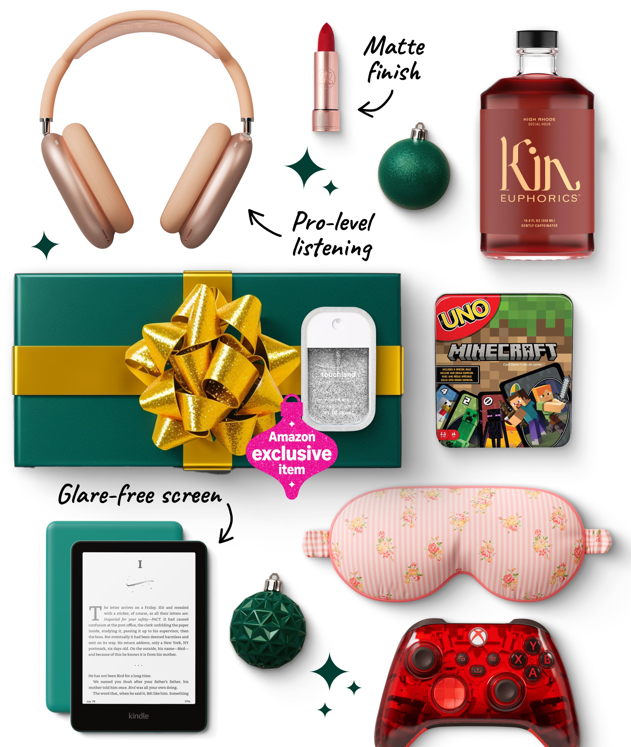 Gift guide layout featuring headphones, red lipstick, Kin bottle, Kindle, game controller, Minecraft UNO, sleep mask, and green gift box with a bow.