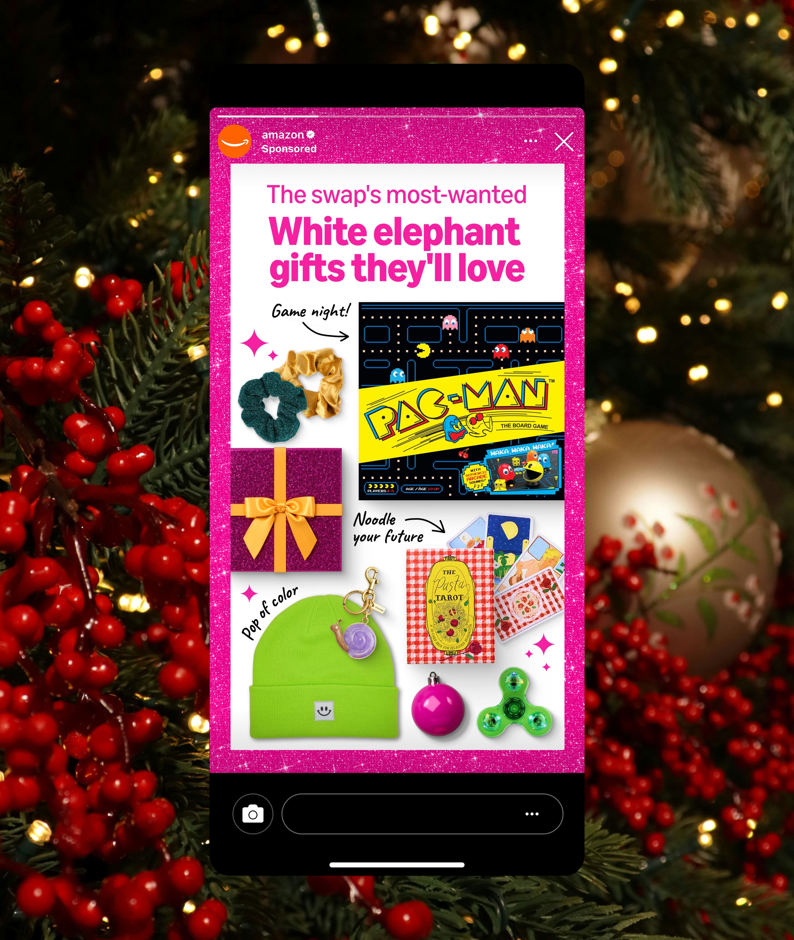 Festive ad featuring white elephant gifts like games, cozy wear, and accessories against a glittering background, set in front of a partial view of a decorated Christmas tree. Text reads "The swap's most wanted: White Elephant gifts they'll love.