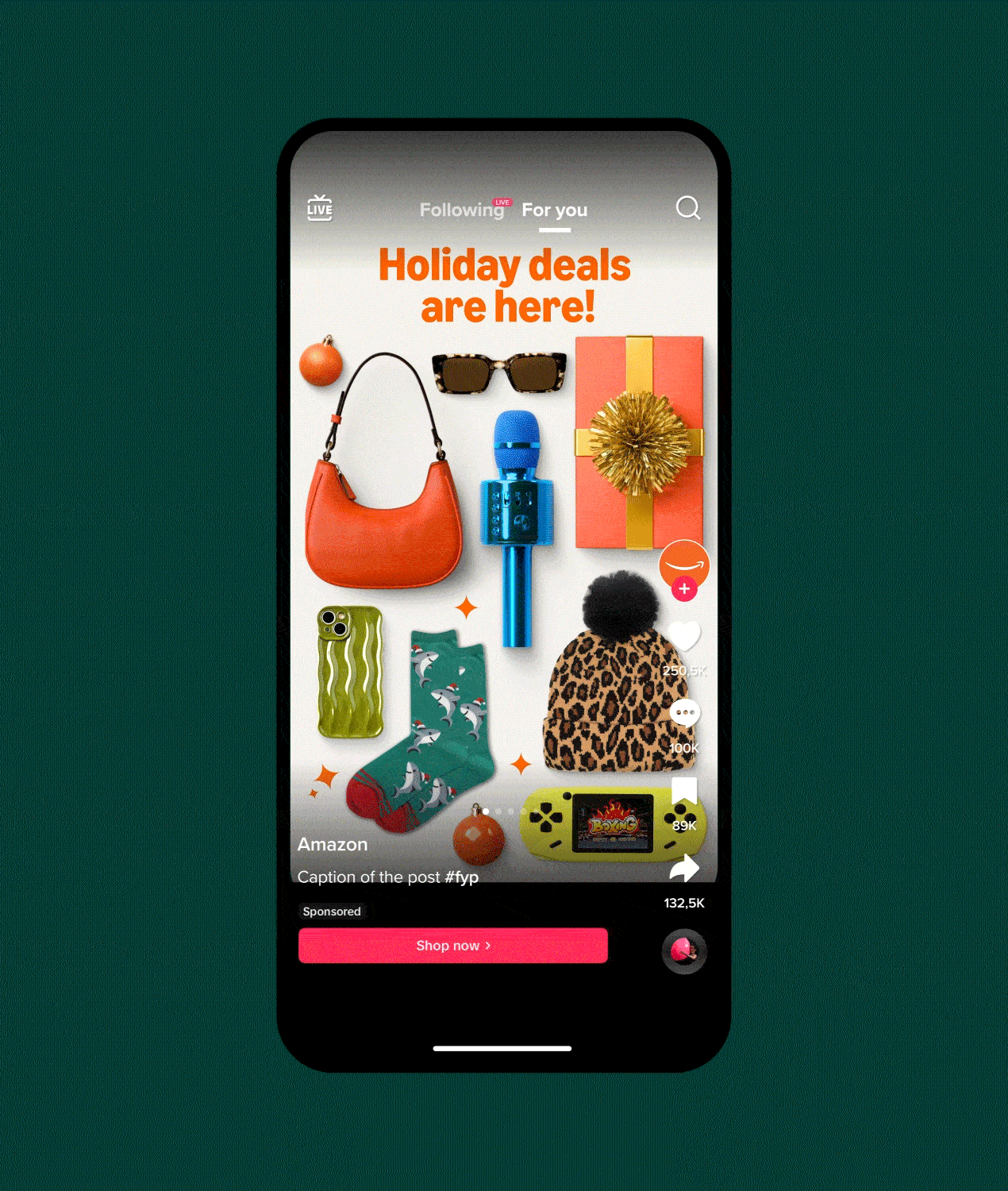A smartphone screen on a dark green background displays a holiday deals promo with assorted gift items, including a purse, wrapped present, microphone, socks, and leopard-print winter hat.