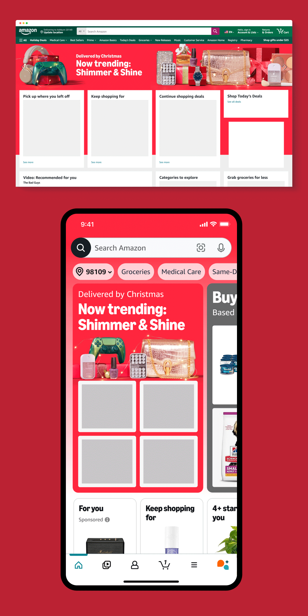 Amazon homepage and mobile app display rotating sets of Homepage heroes and window display banners with holiday-themed products. Banners include Now Trending: Shimmer & Shine, Gifts for her under $25, Gifts for him under $25, Toys under $50 delivered by Christmas and save up to 20% of gift cards.