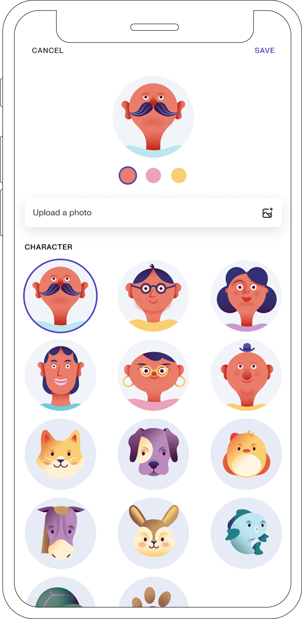 mobile app screen of an avatar builder with cute face and animal illustrations