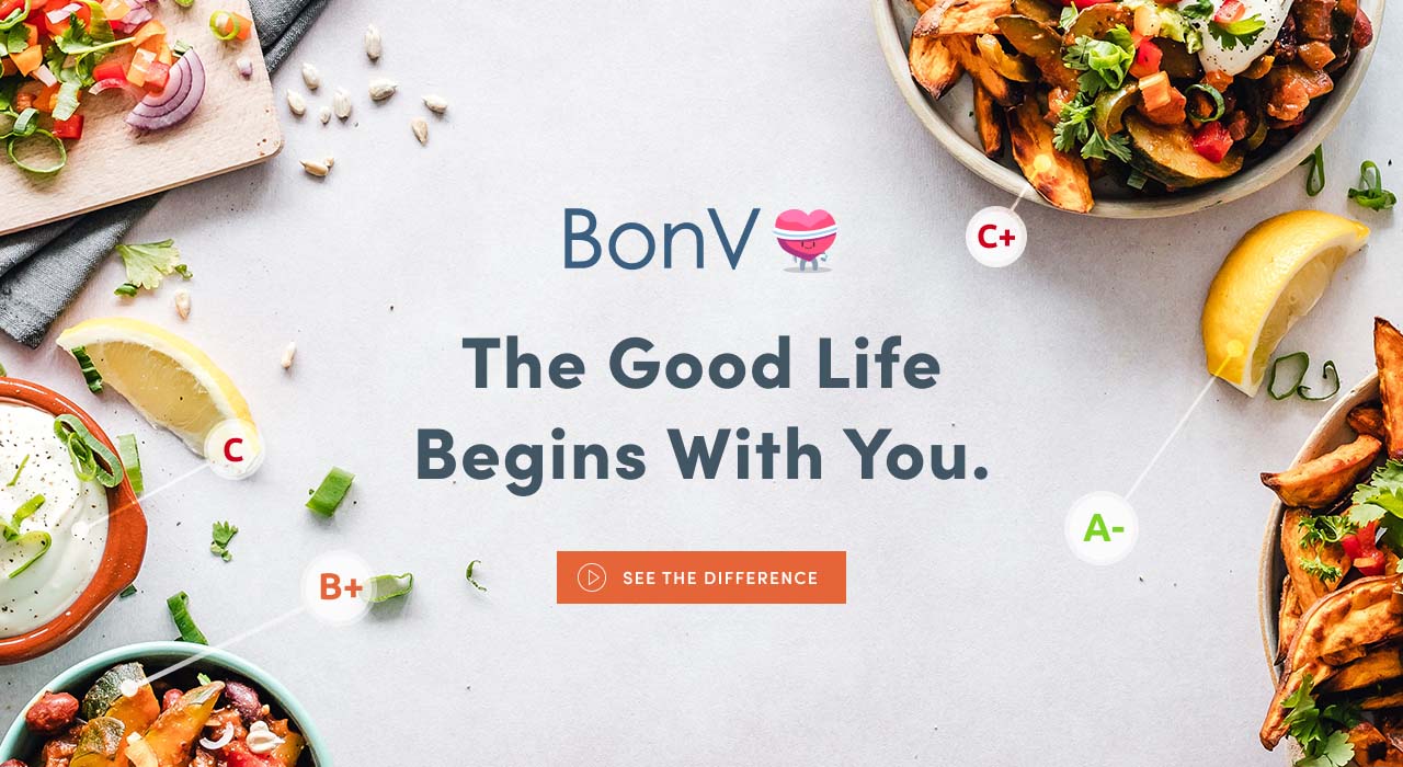Food on a table, each piece with a letter grade, BonV logo in the middle
