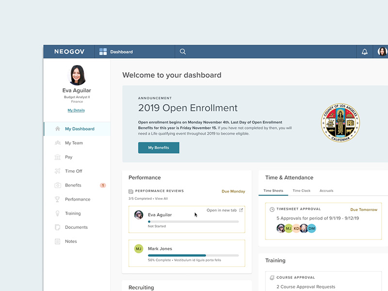 Screenshot of dashboard for public sector HR