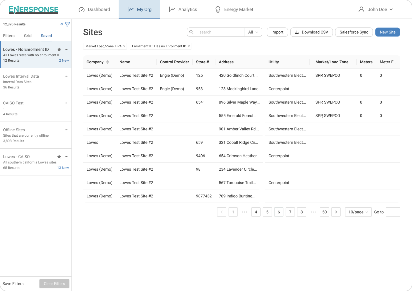 Dashboard screen of ENERSPONSE platform showing a list of Lowes sites filtered by no enrollment ID with columns for company, name, control provider, store number, address, utility, market/load zone, and meters.