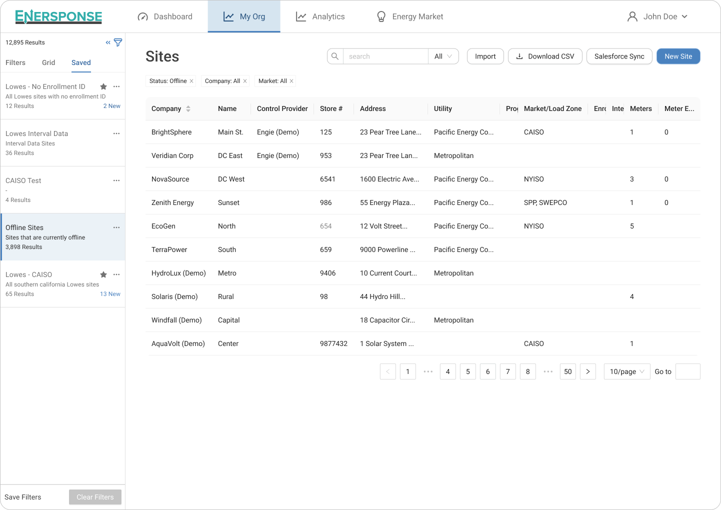 Enersponse dashboard showing a list of offline sites with company names, addresses, utilities, market/load zones, and other details.