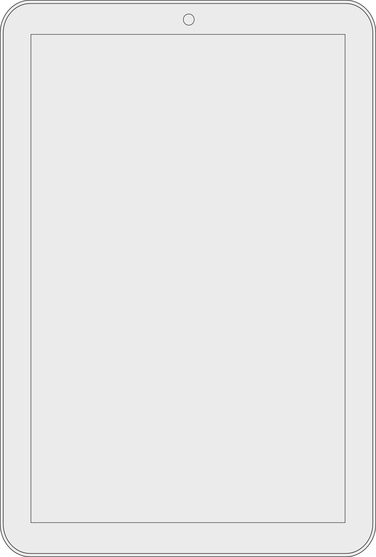 Front view of a blank tablet device with rounded corners and a centered front camera.