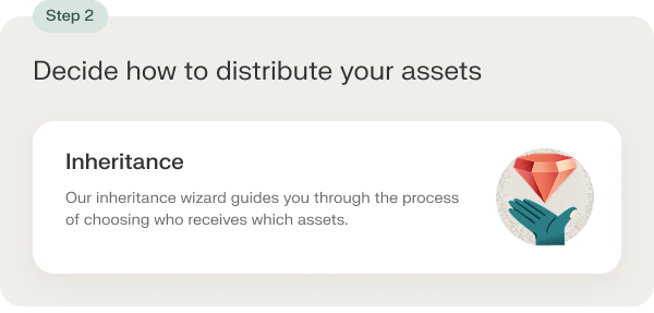 Step 2: Decide how to distribute your assets with inheritance wizard guidance, showing a hand holding a red gem icon.