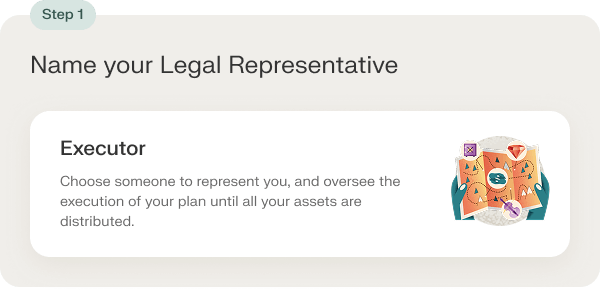 Step 1 titled 'Name your Legal Representative' with a section labeled Executor, describing choosing someone to represent and oversee the execution of your plan until assets are distributed, accompanied by an illustration of hands holding a map with icons.