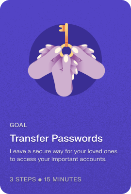 Illustration of three hands holding a gold key above text about securely transferring passwords in 3 steps and 15 minutes.