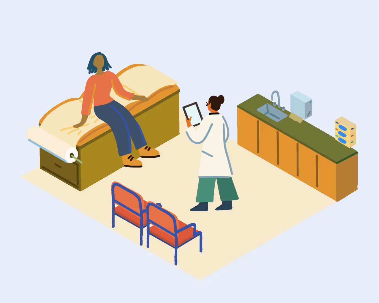 Illustration of a patient sitting on an examination table and a doctor holding a tablet in a medical exam room.