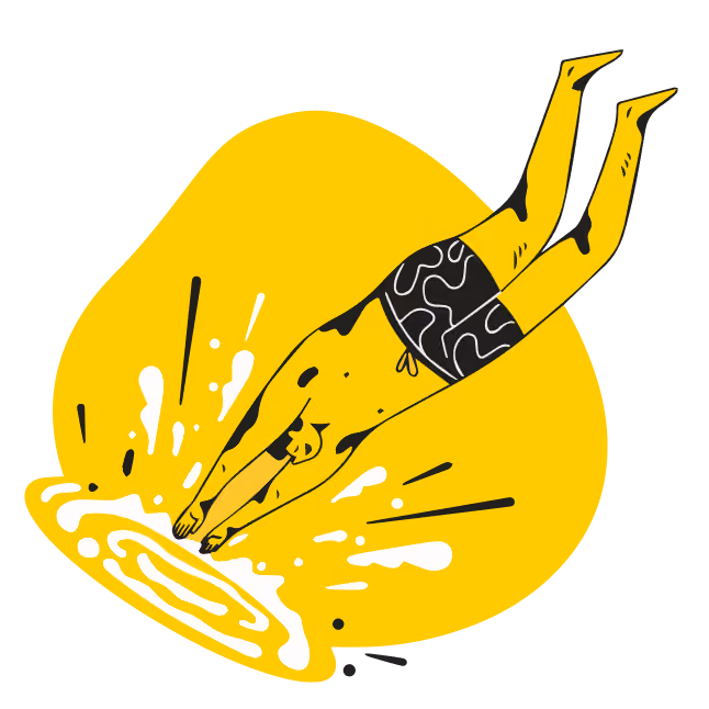 Illustration of a person diving headfirst into water, with arms stretched out and legs pointed upward, wearing patterned swim shorts against a yellow splash.