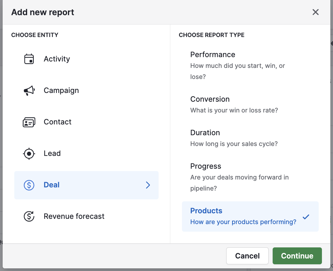 Pipedrive 2025 report builder — Add new report screen with Products report type