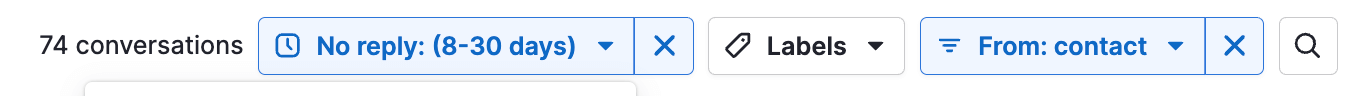 Pipedrive filters: No reply (8–30 days) combined with From: contact An example of a combined view: conversations with no reply for 8–30 days, filtered to messages from contacts only.