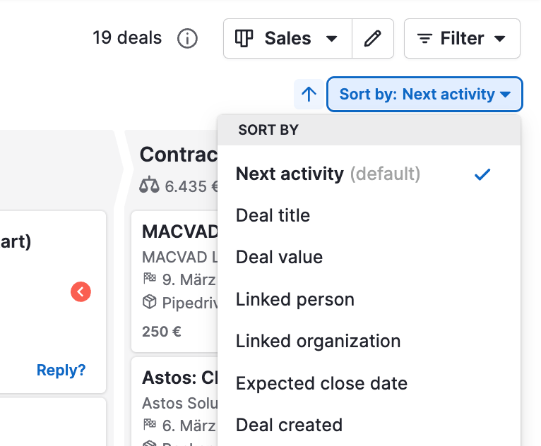 Sort deals in Pipedrive pipeline view