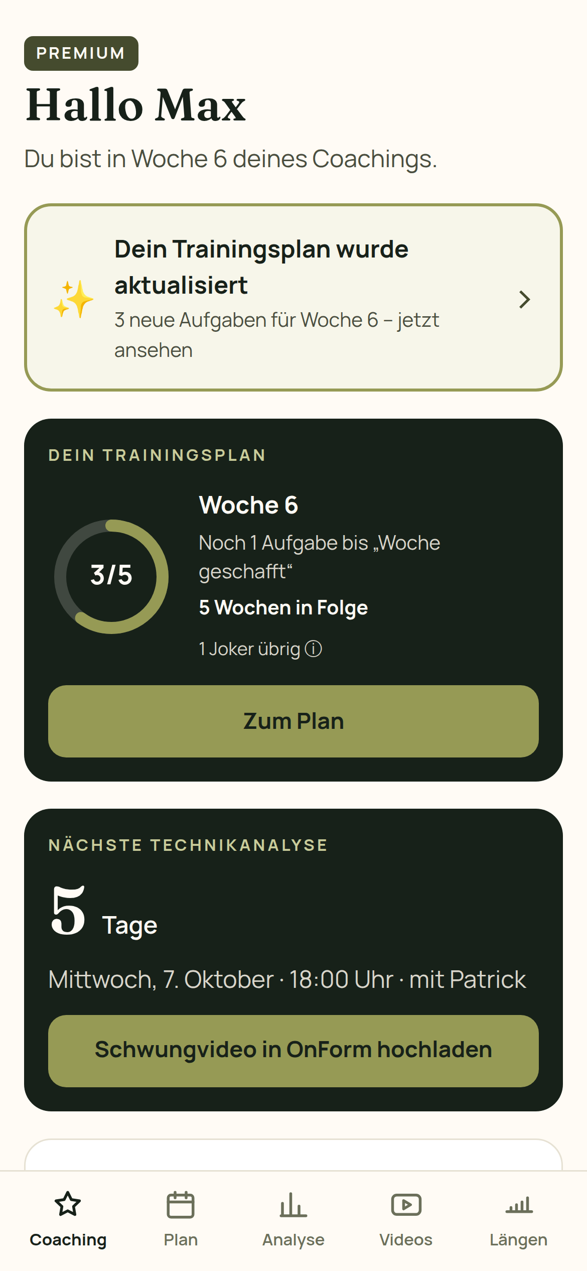 Dein Golf Coach App: Coaching-Übersicht mit Trainingsplan-Fortschritt und nächster Technikanalyse