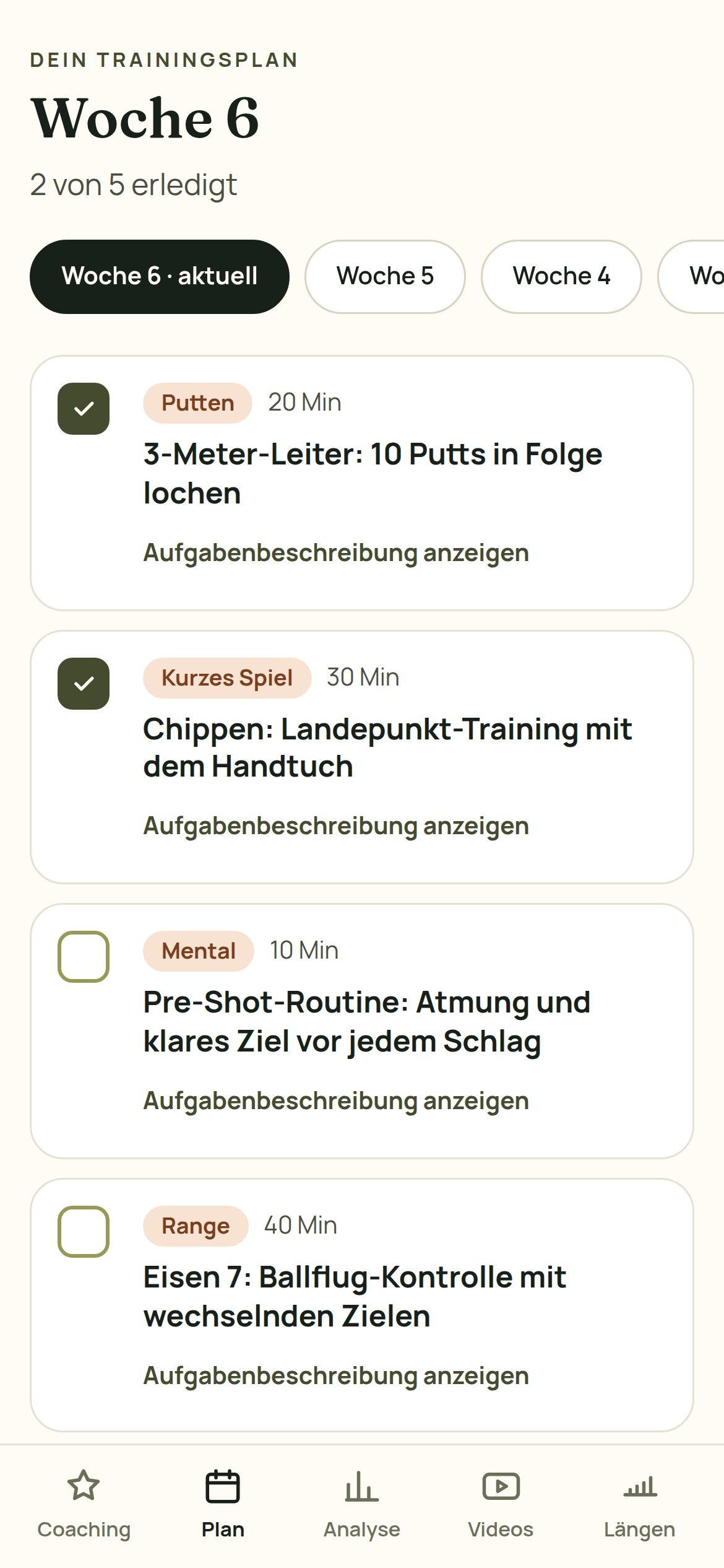 Dein Golf Coach App: persönlicher Trainingsplan mit Aufgaben für die Woche