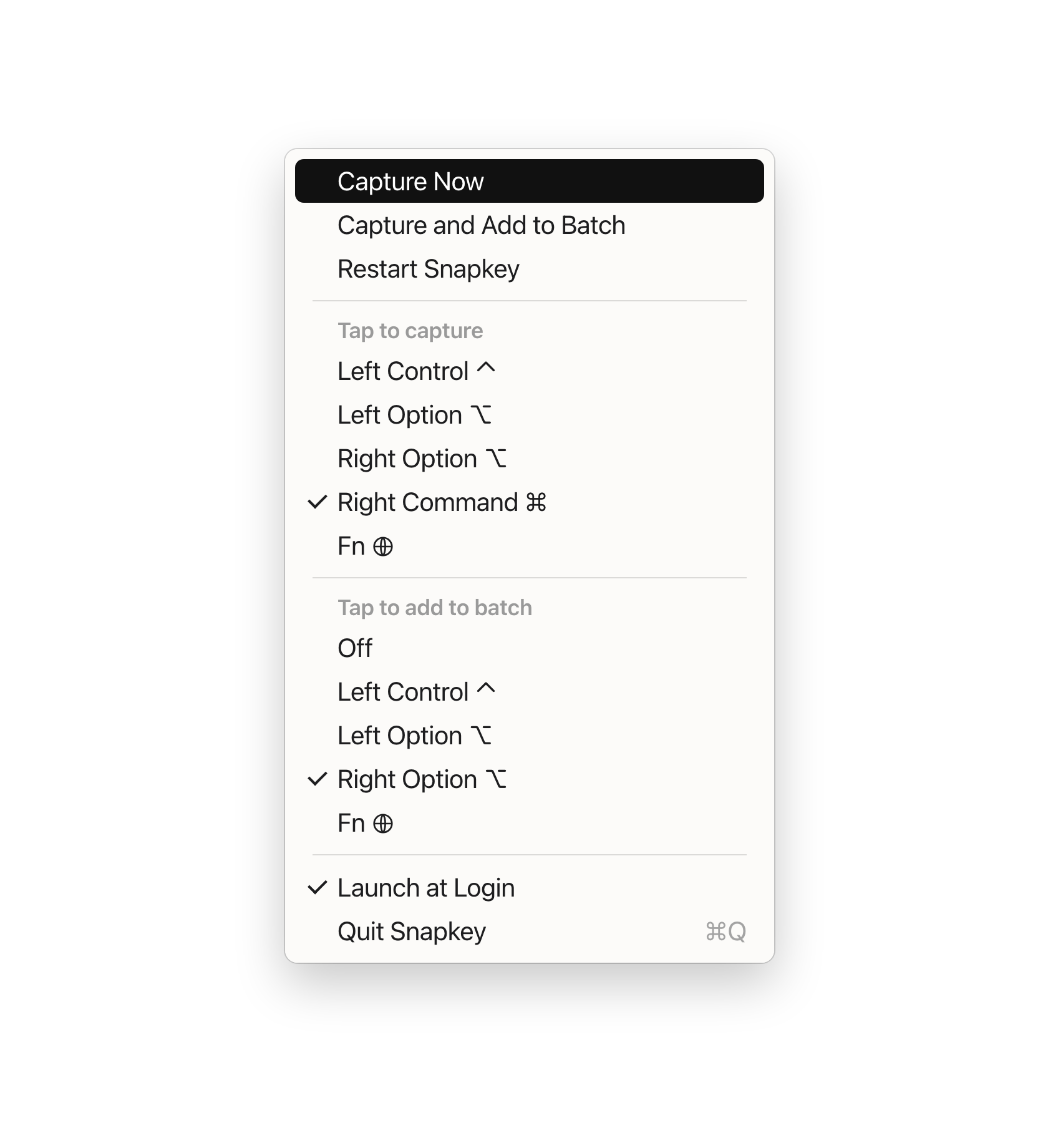 The Snapkey menu, with the capture key and batch key options